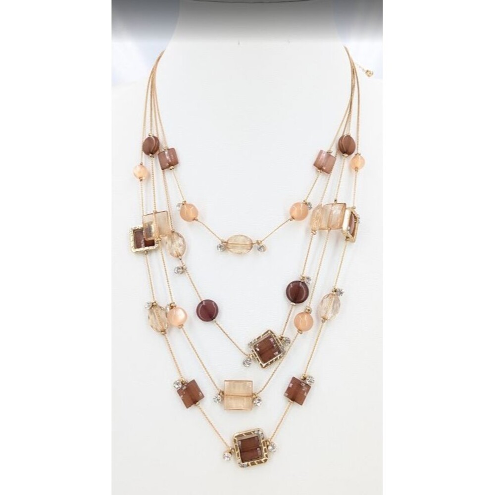 Layered Necklace Brown Peach Acrylic Gold Tone Rotating Square 4 Strand 22in 33g